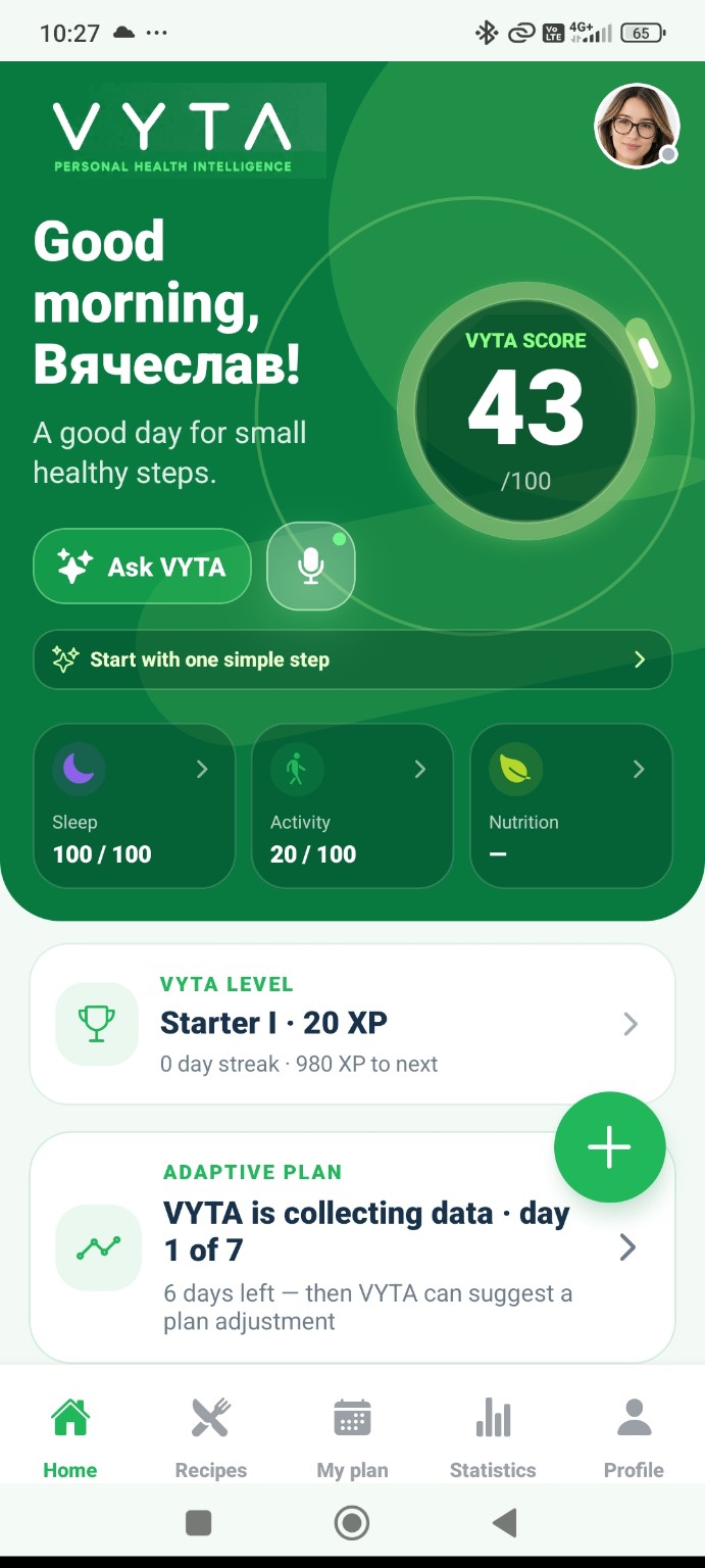 VYTA home screen with personal health score and daily guidance