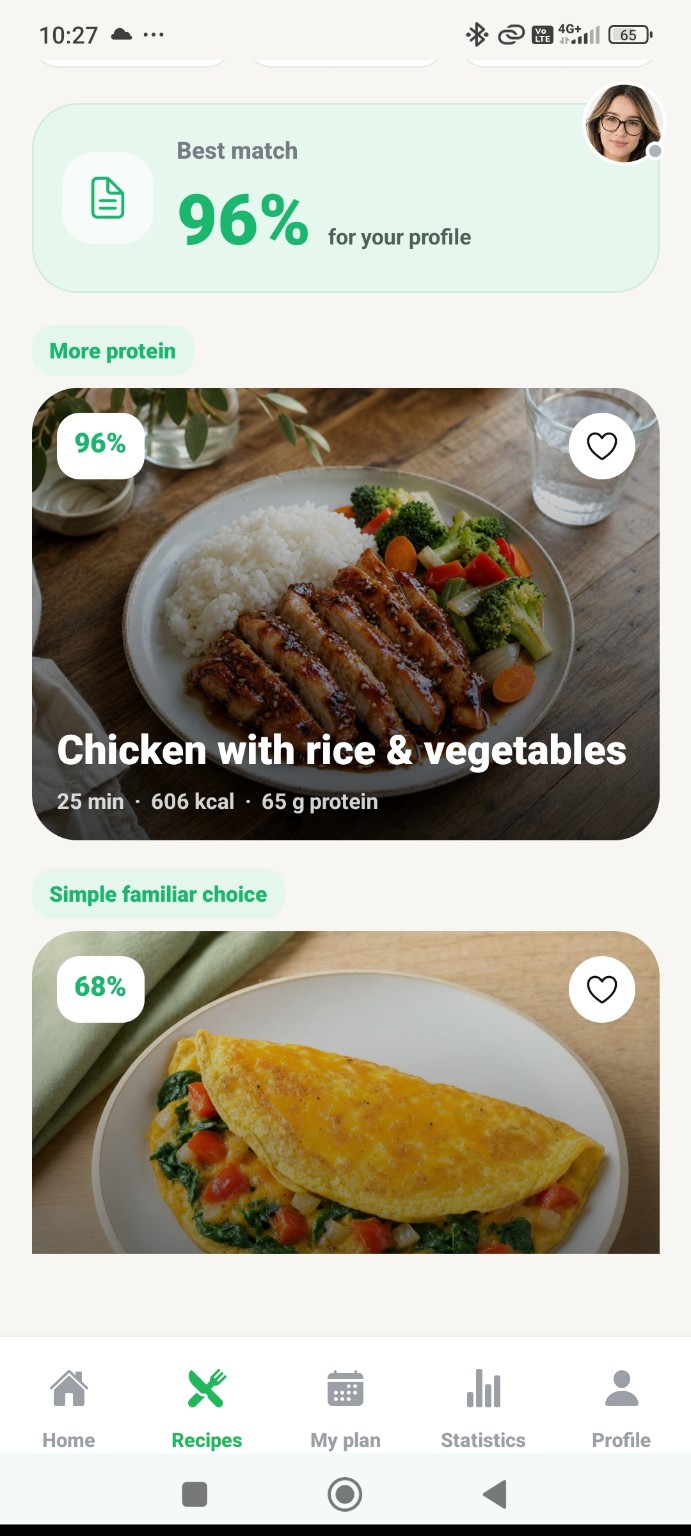 VYTA recipe recommendations with profile match